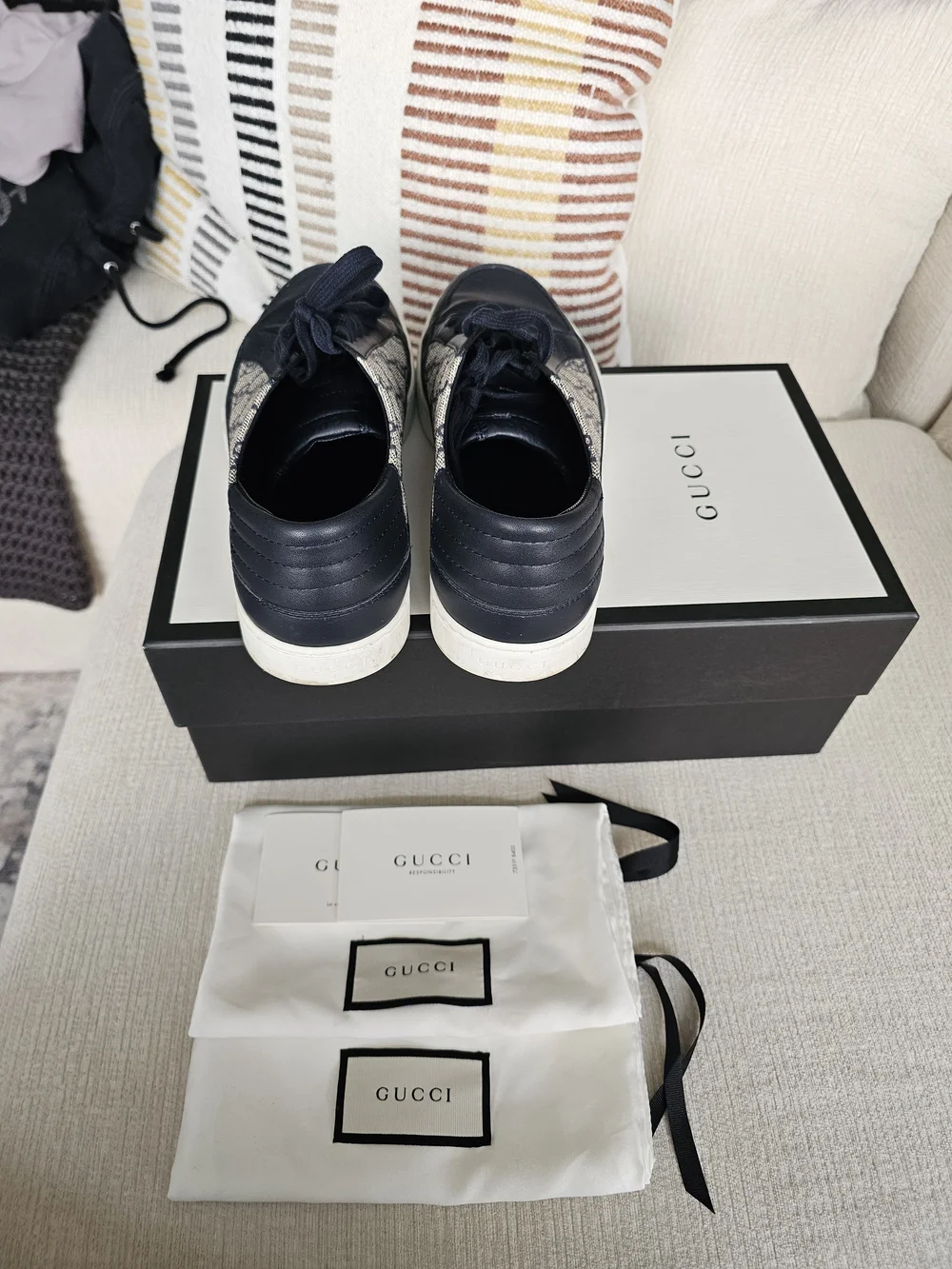 Gucci Men's Navy Leather & GG Canvas Low-Top Sneakers